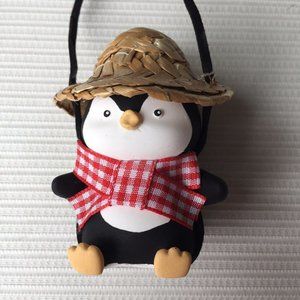 Country Penguin Hanging Ornament Necklace Figurine Straw Hat Plaid Bow Rustic